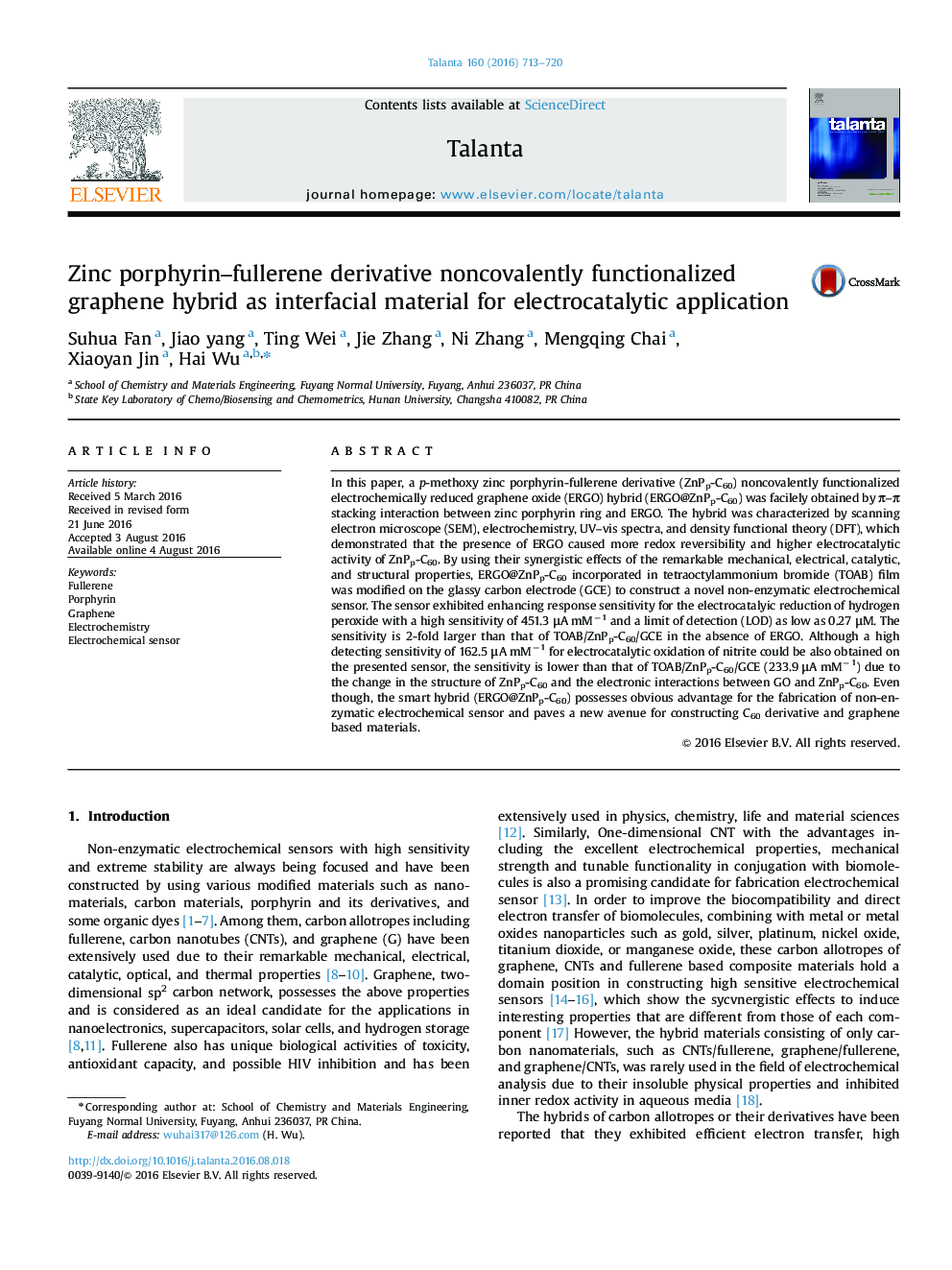 Zinc porphyrin–fullerene derivative noncovalently functionalized graphene hybrid as interfacial material for electrocatalytic application