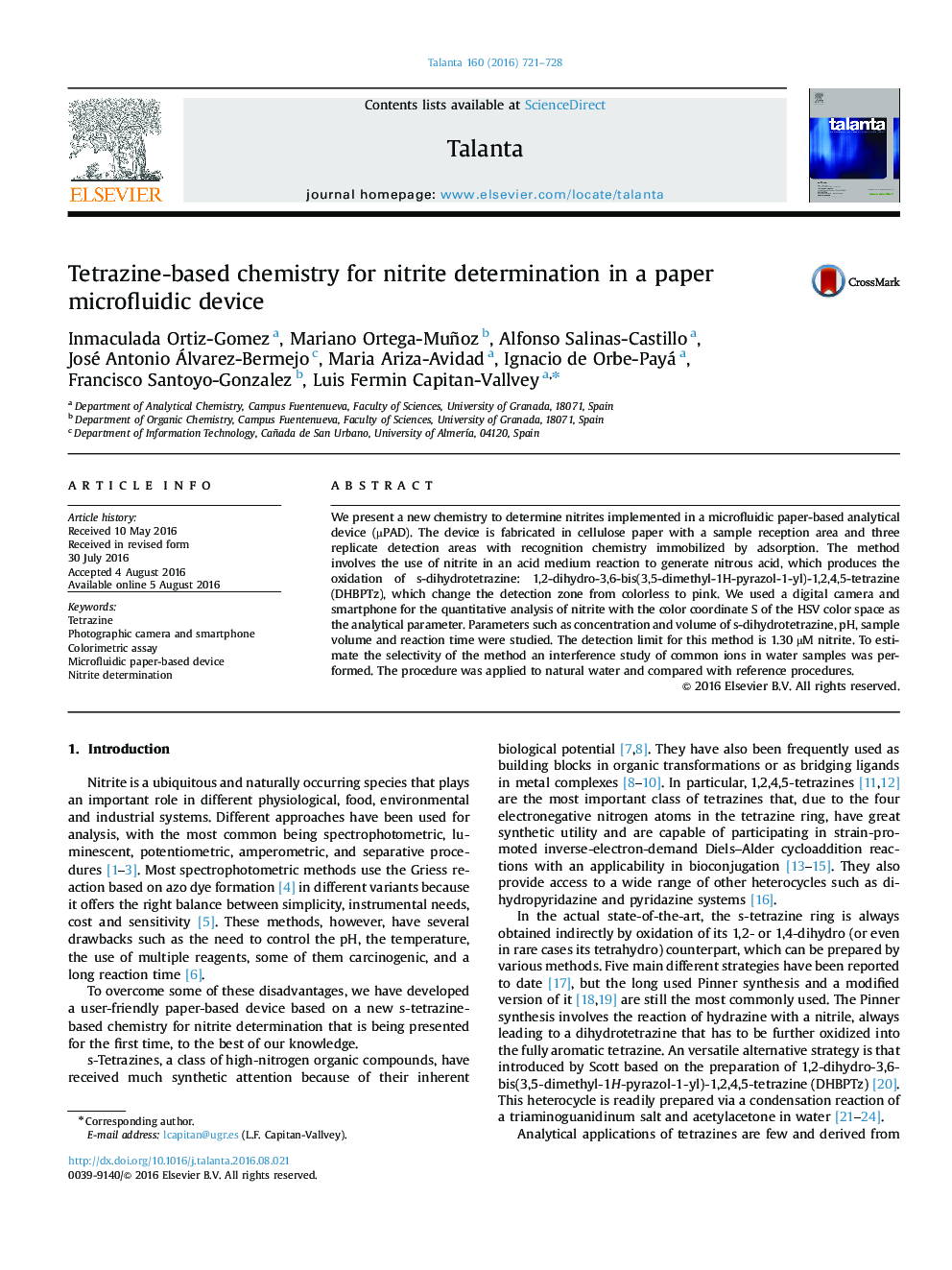 Tetrazine-based chemistry for nitrite determination in a paper microfluidic device