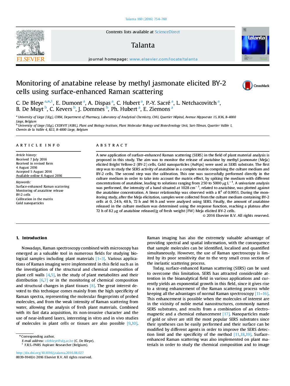 Monitoring of anatabine release by methyl jasmonate elicited BY-2 cells using surface-enhanced Raman scattering