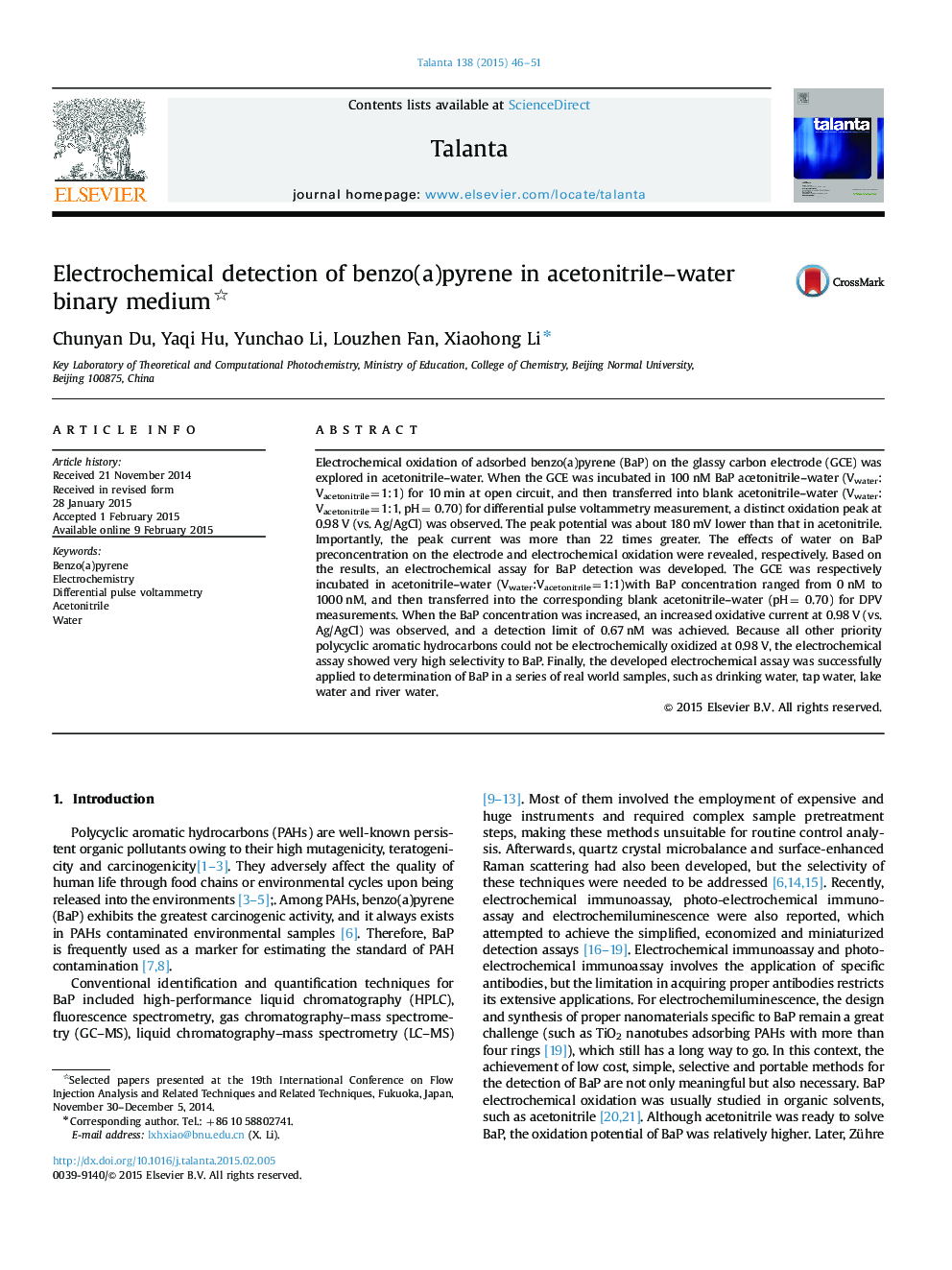 Electrochemical detection of benzo(a)pyrene in acetonitrile–water binary medium 