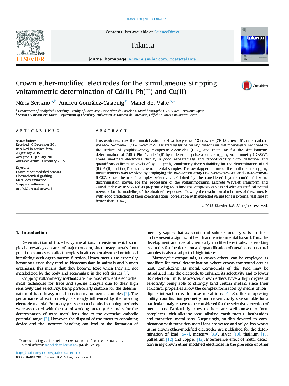 Crown ether-modified electrodes for the simultaneous stripping voltammetric determination of Cd(II), Pb(II) and Cu(II)