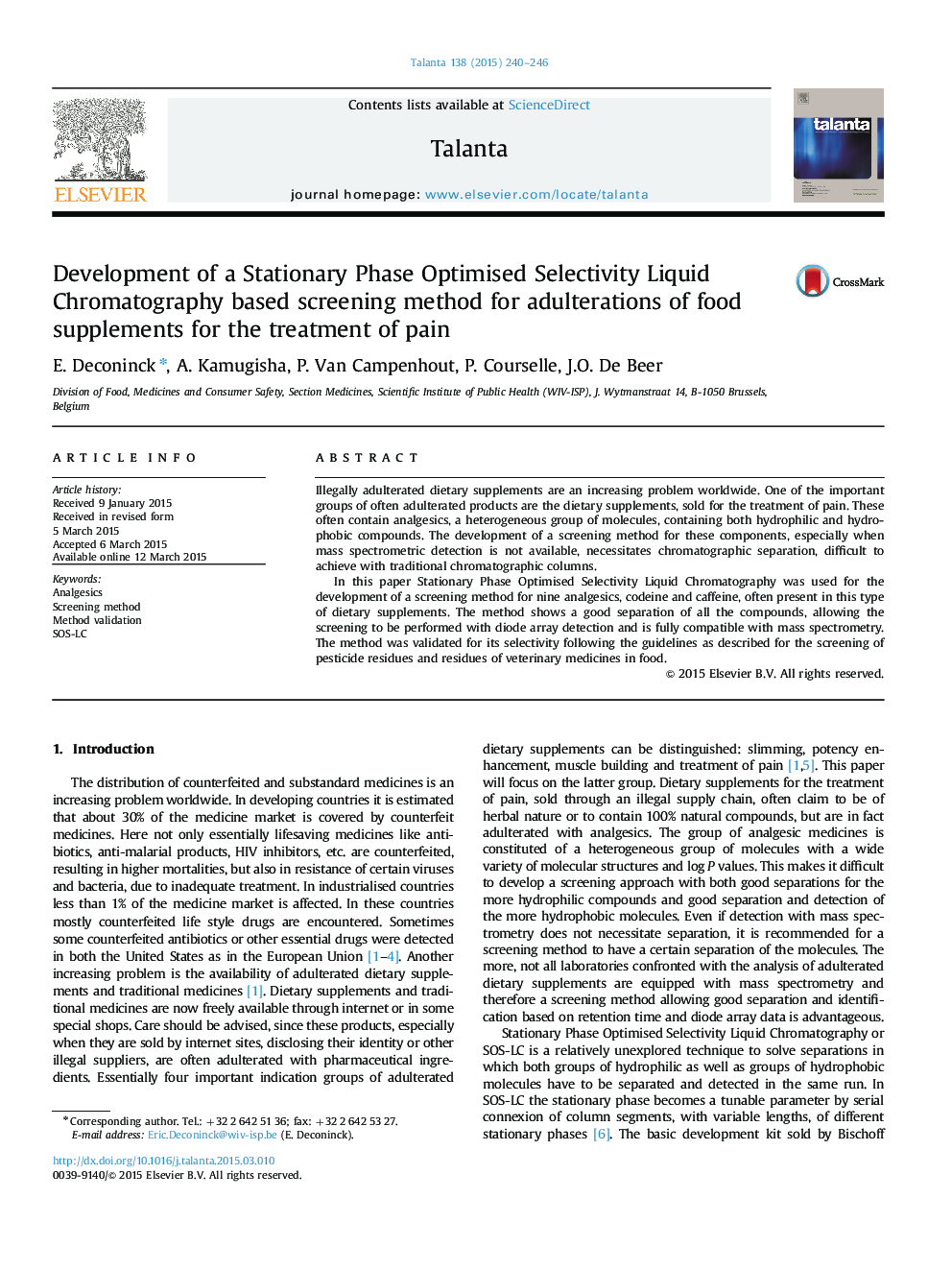 Development of a Stationary Phase Optimised Selectivity Liquid Chromatography based screening method for adulterations of food supplements for the treatment of pain