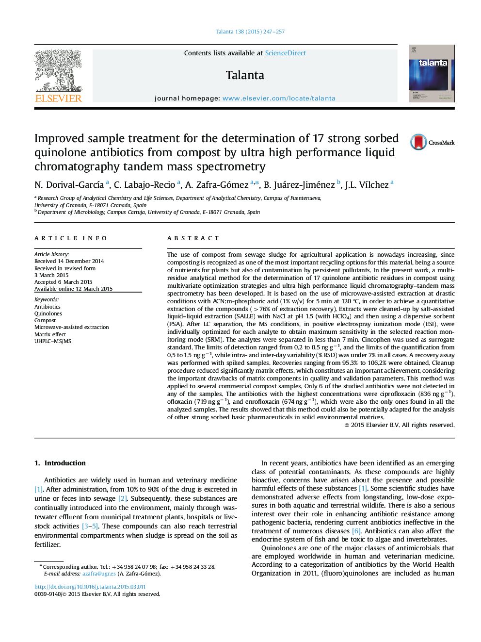 Improved sample treatment for the determination of 17 strong sorbed quinolone antibiotics from compost by ultra high performance liquid chromatography tandem mass spectrometry