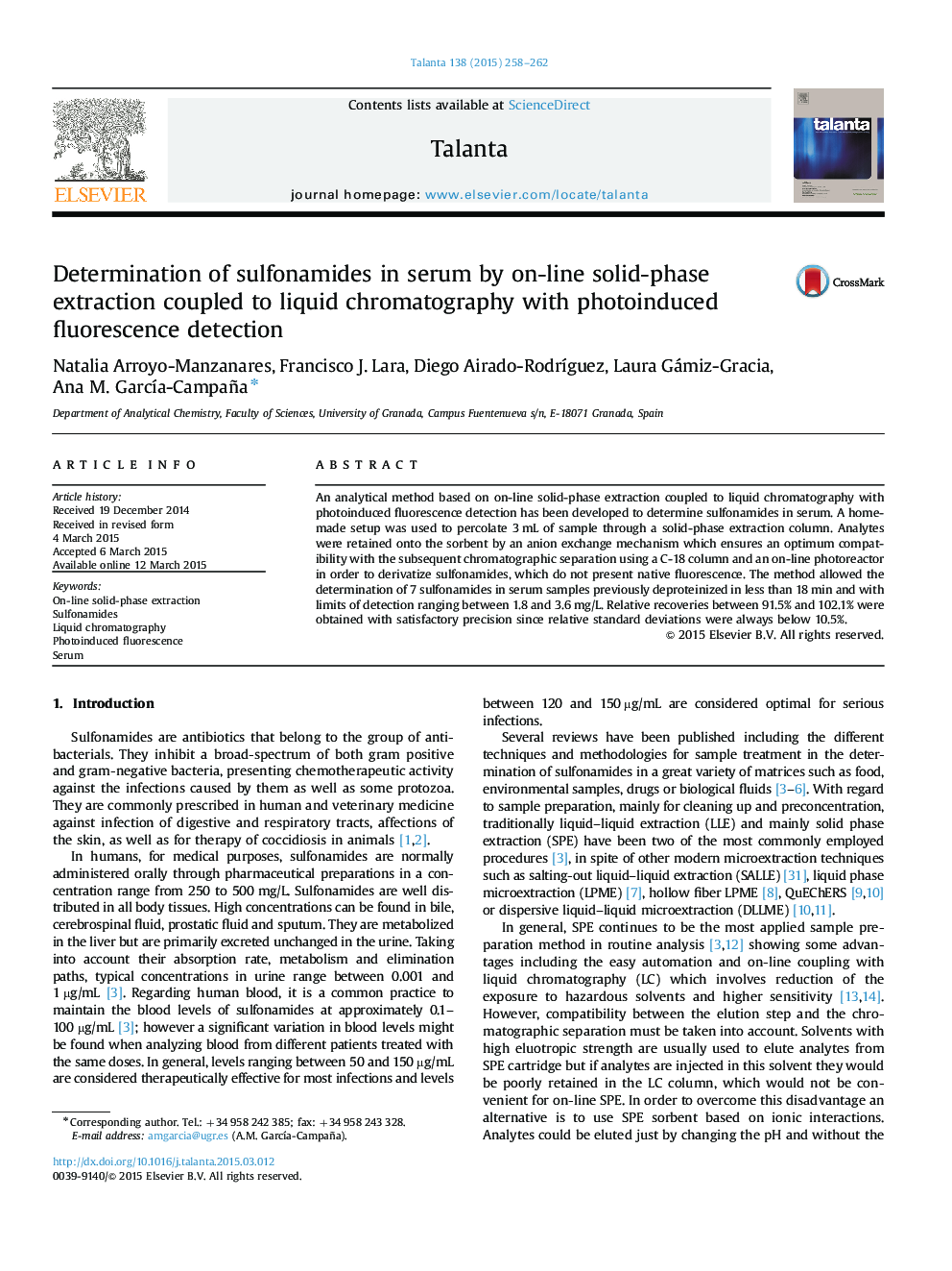 Determination of sulfonamides in serum by on-line solid-phase extraction coupled to liquid chromatography with photoinduced fluorescence detection