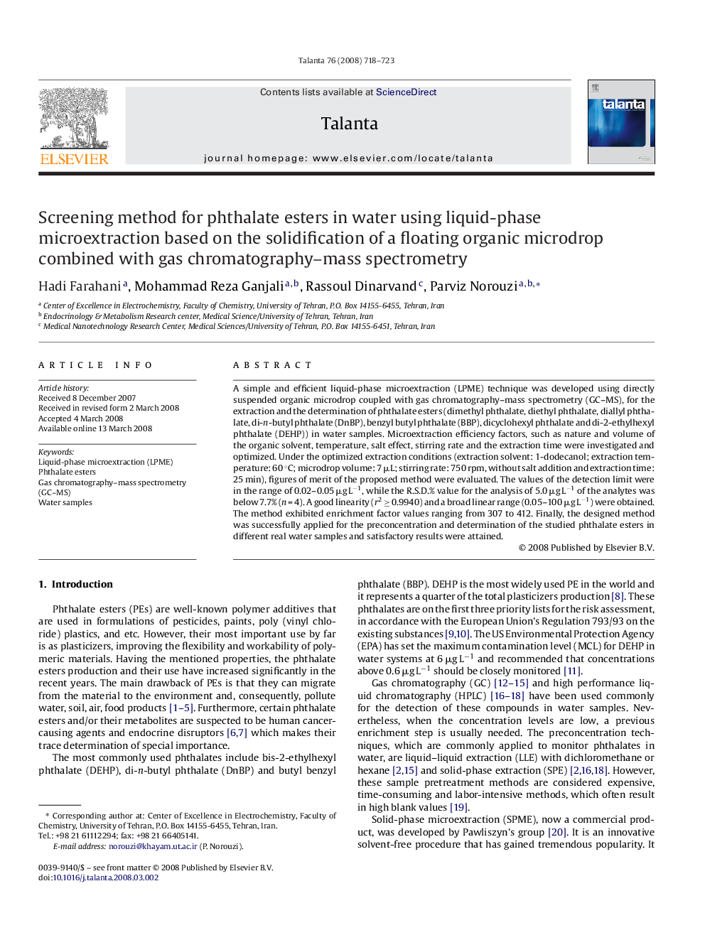 Screening method for phthalate esters in water using liquid-phase microextraction based on the solidification of a floating organic microdrop combined with gas chromatography–mass spectrometry