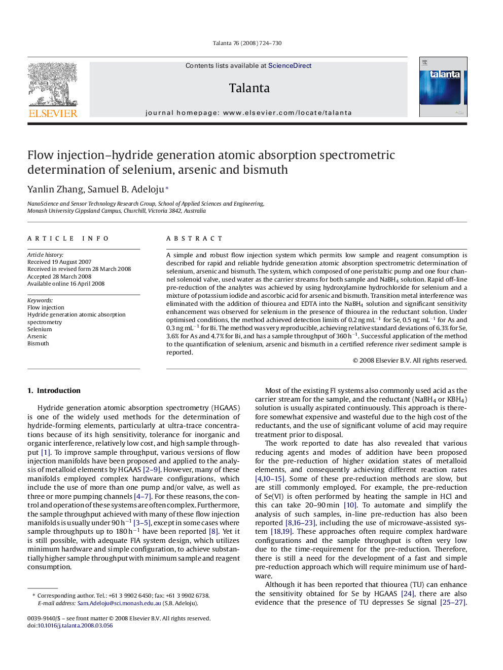 Flow injection–hydride generation atomic absorption spectrometric determination of selenium, arsenic and bismuth