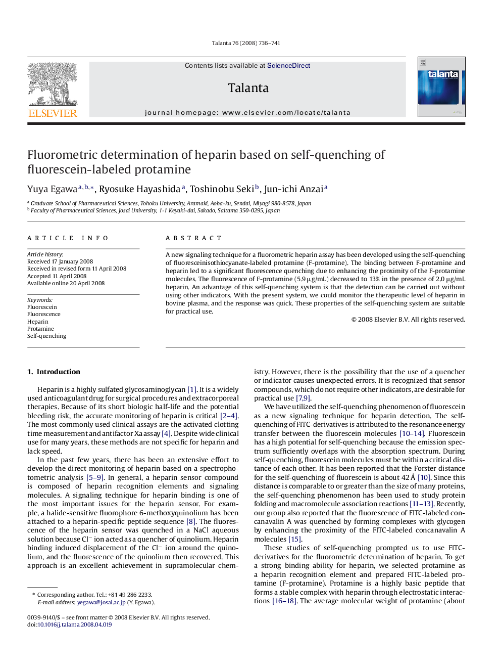 Fluorometric determination of heparin based on self-quenching of fluorescein-labeled protamine