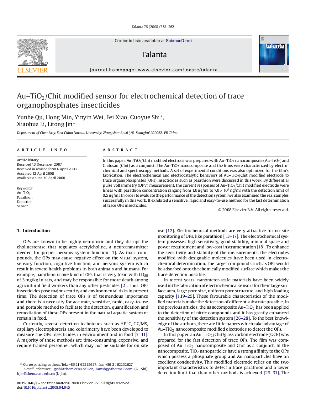 Au–TiO2/Chit modified sensor for electrochemical detection of trace organophosphates insecticides