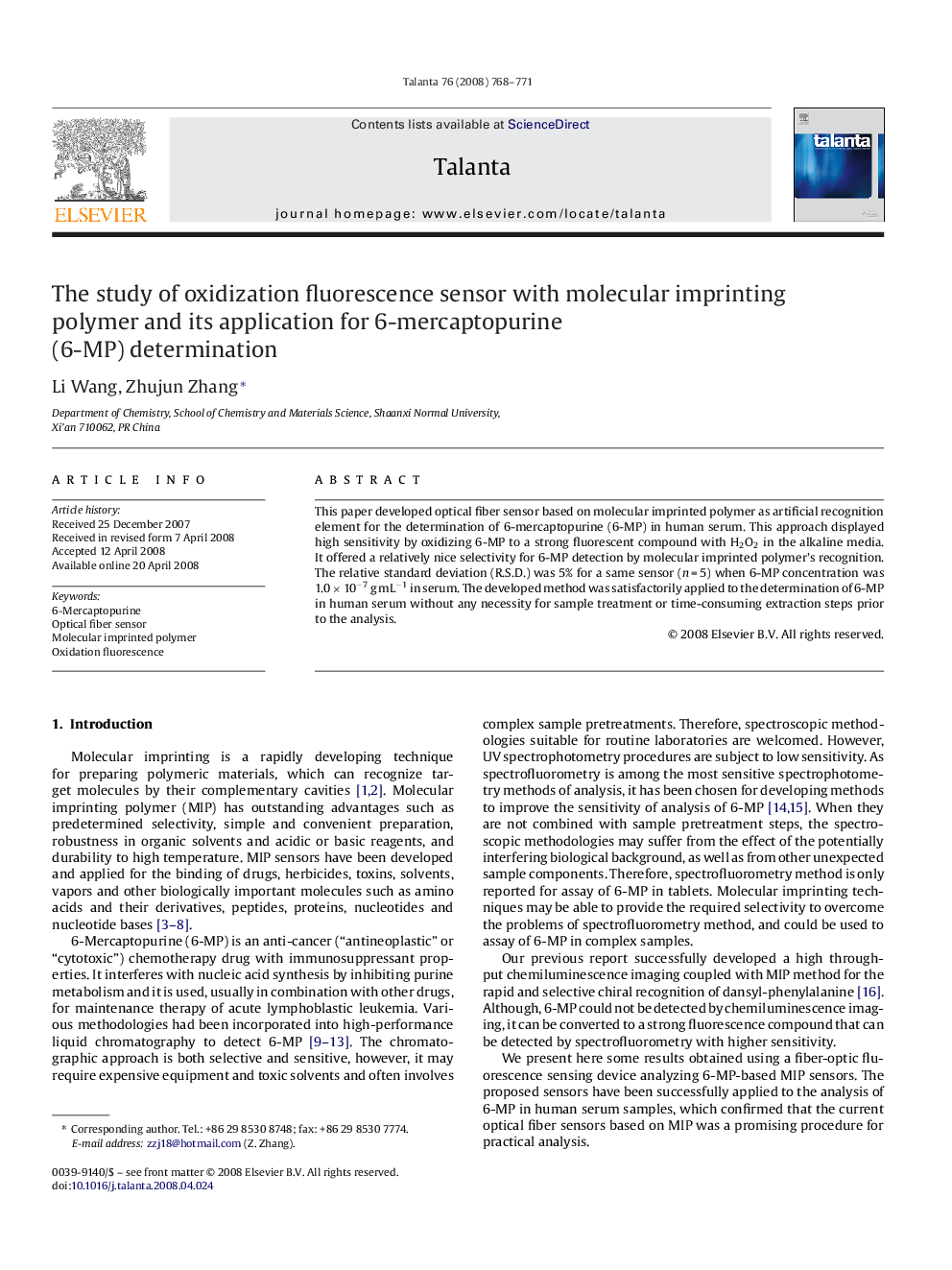 The study of oxidization fluorescence sensor with molecular imprinting polymer and its application for 6-mercaptopurine (6-MP) determination