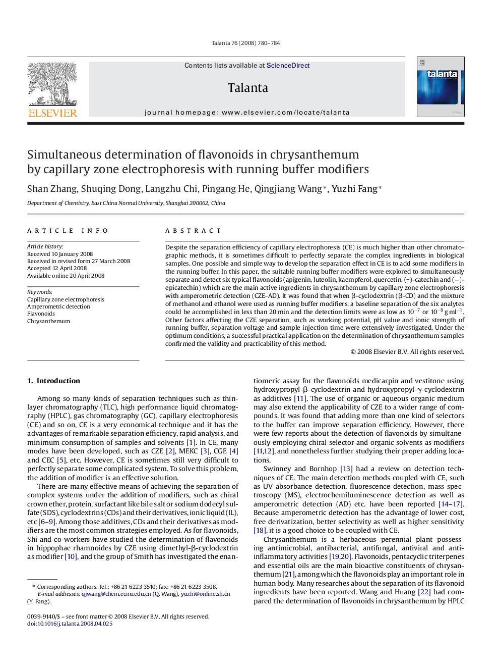 Simultaneous determination of flavonoids in chrysanthemum by capillary zone electrophoresis with running buffer modifiers