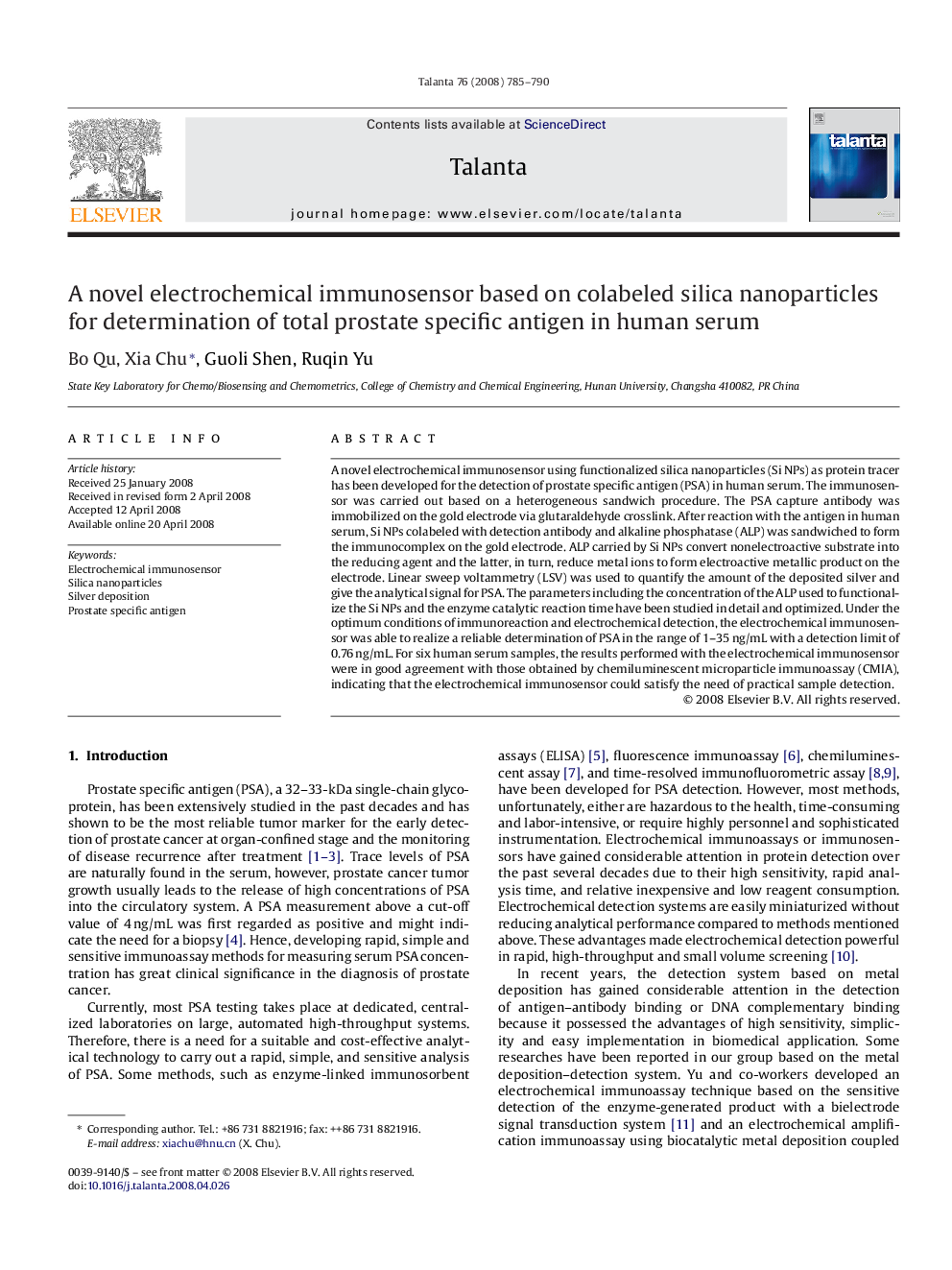 A novel electrochemical immunosensor based on colabeled silica nanoparticles for determination of total prostate specific antigen in human serum