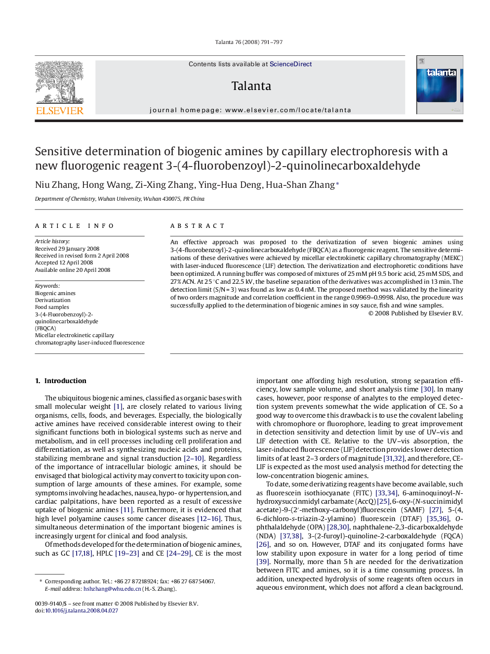 Sensitive determination of biogenic amines by capillary electrophoresis with a new fluorogenic reagent 3-(4-fluorobenzoyl)-2-quinolinecarboxaldehyde