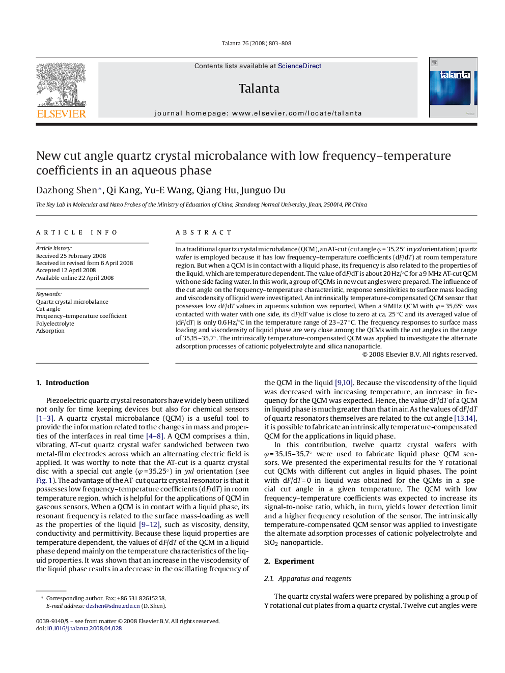 New cut angle quartz crystal microbalance with low frequency-temperature coefficients in an aqueous phase