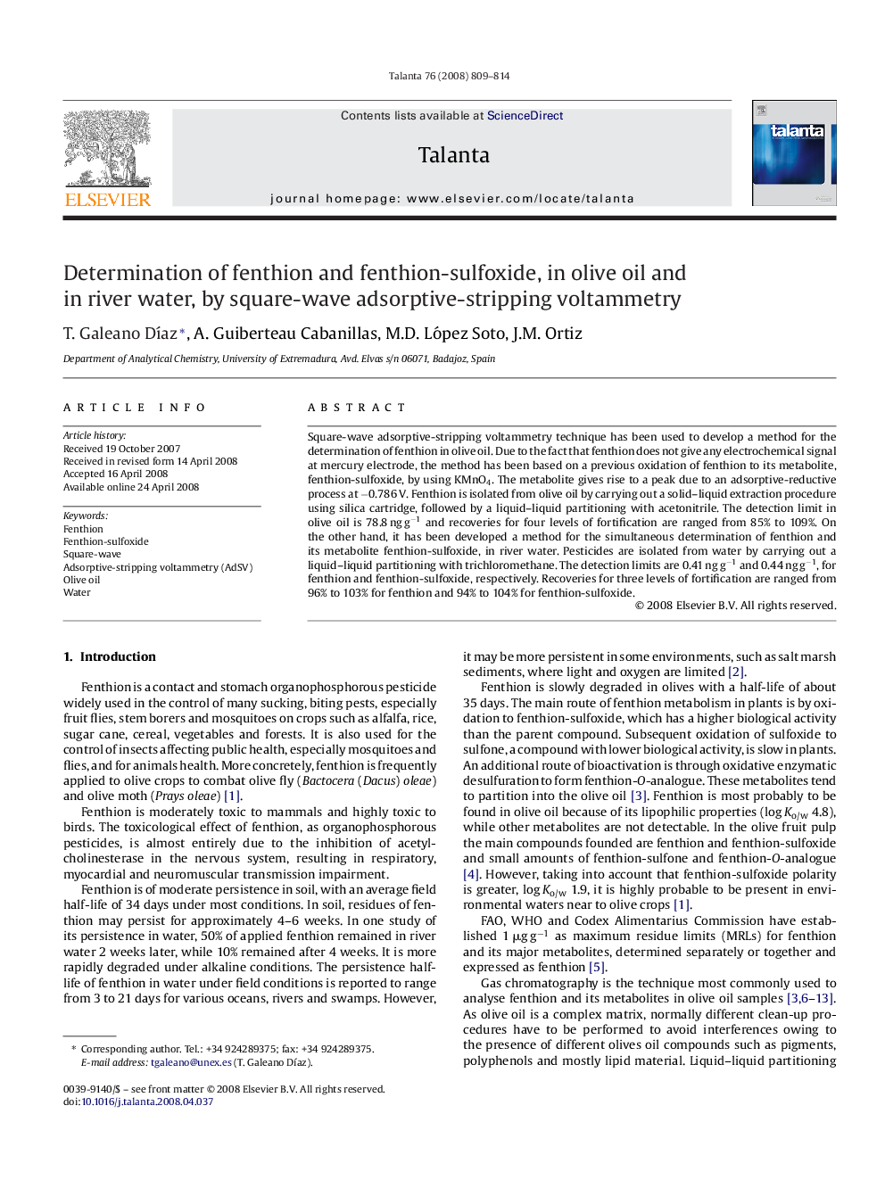 Determination of fenthion and fenthion-sulfoxide, in olive oil and in river water, by square-wave adsorptive-stripping voltammetry