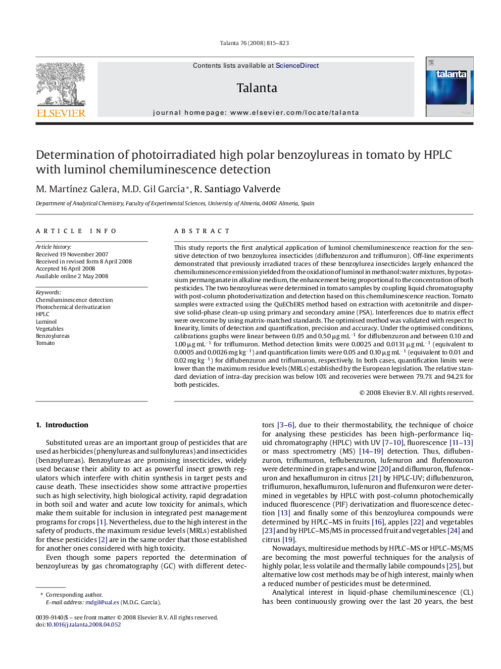 Determination of photoirradiated high polar benzoylureas in tomato by HPLC with luminol chemiluminescence detection