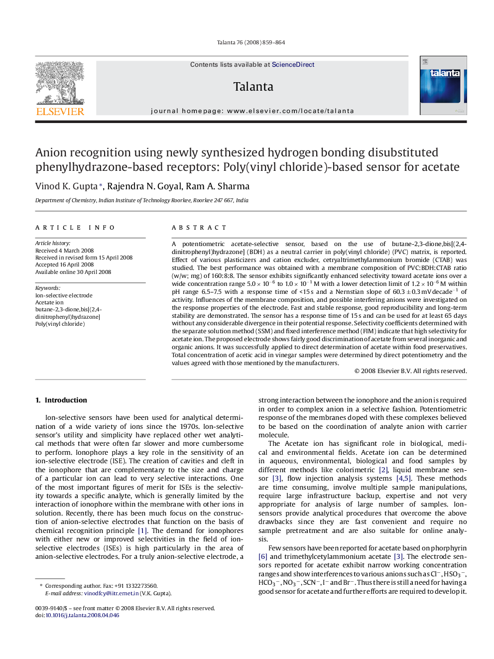 Anion recognition using newly synthesized hydrogen bonding disubstituted phenylhydrazone-based receptors: Poly(vinyl chloride)-based sensor for acetate