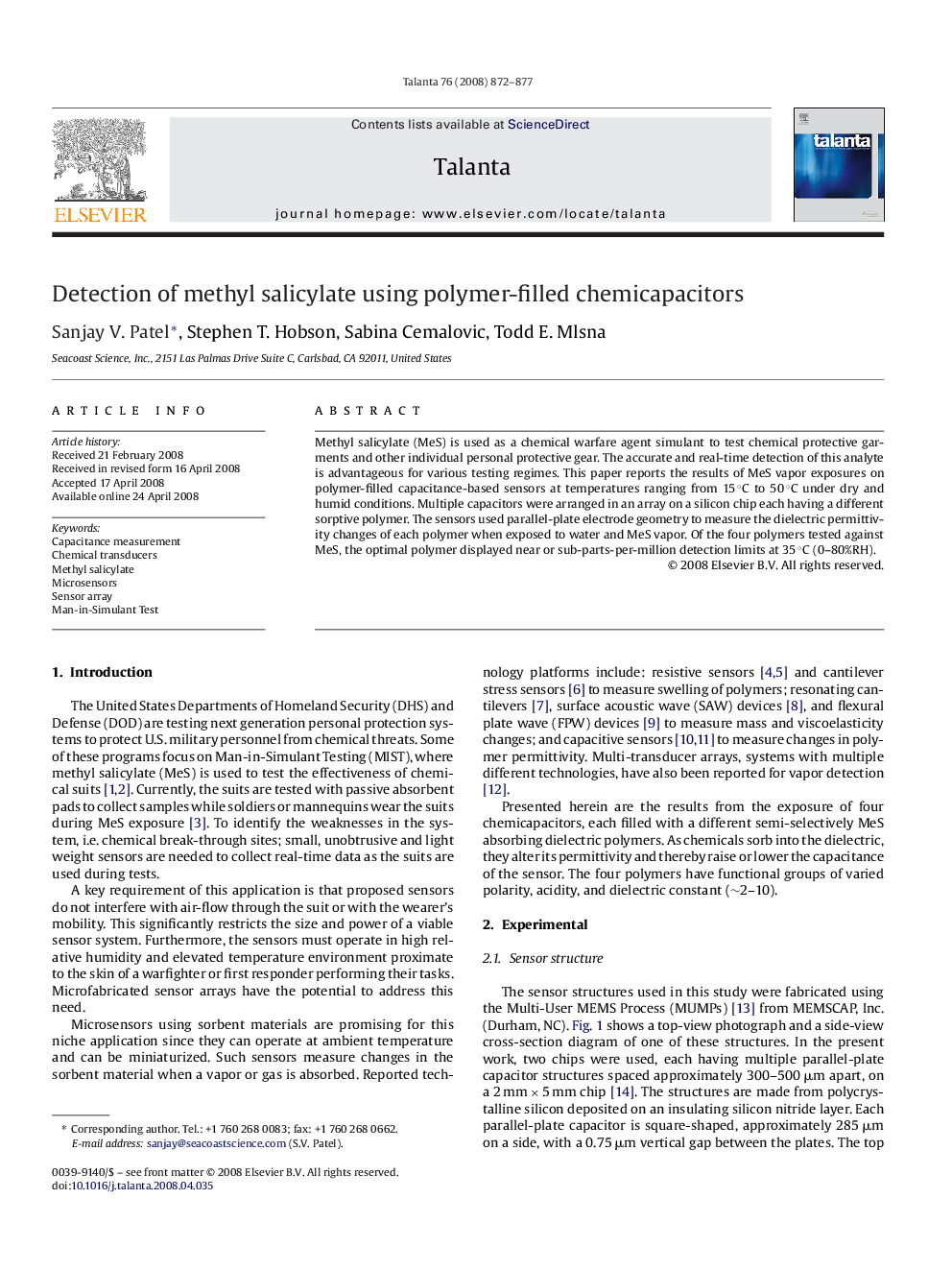 Detection of methyl salicylate using polymer-filled chemicapacitors