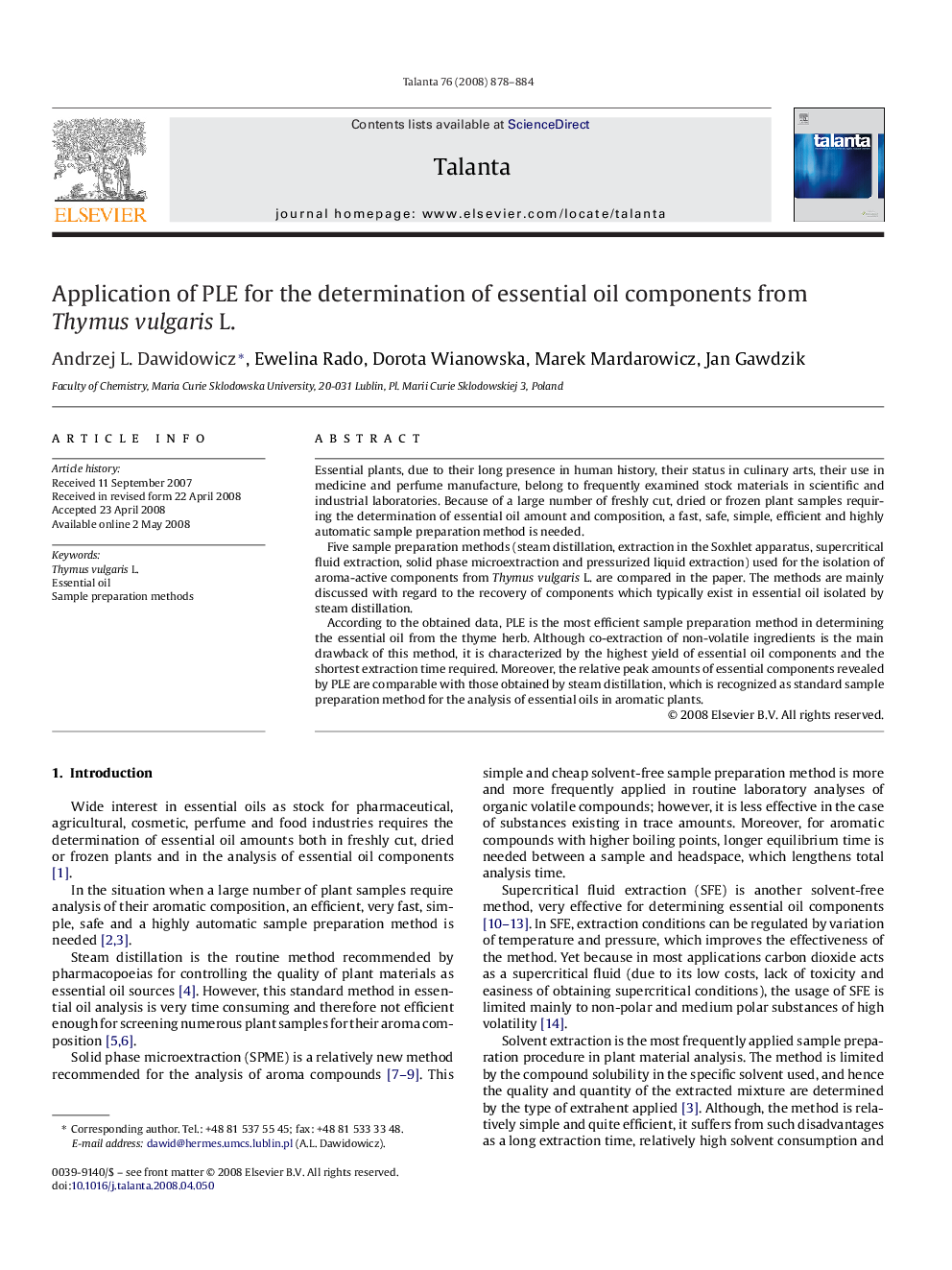 Application of PLE for the determination of essential oil components from Thymus vulgaris L.