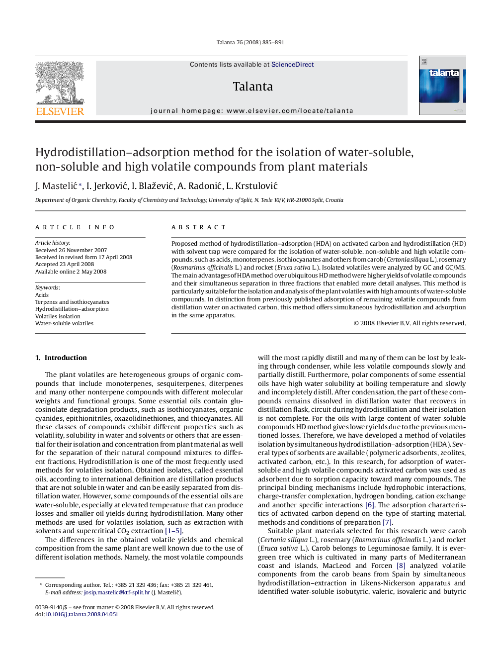 Hydrodistillation–adsorption method for the isolation of water-soluble, non-soluble and high volatile compounds from plant materials