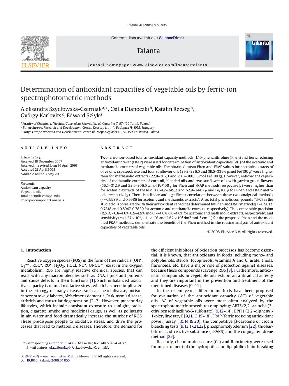 Determination of antioxidant capacities of vegetable oils by ferric-ion spectrophotometric methods