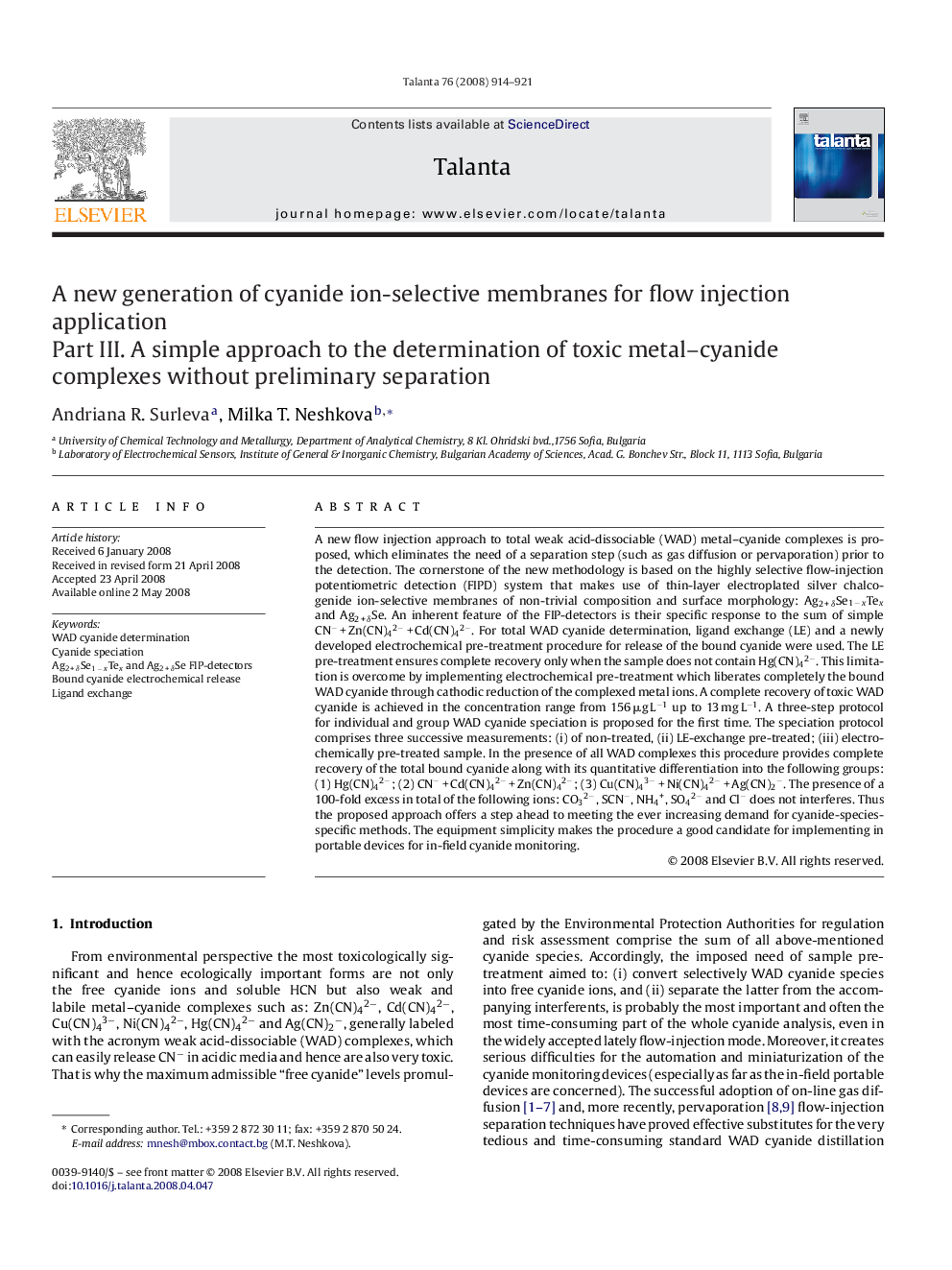 A new generation of cyanide ion-selective membranes for flow injection application: Part III. A simple approach to the determination of toxic metal–cyanide complexes without preliminary separation