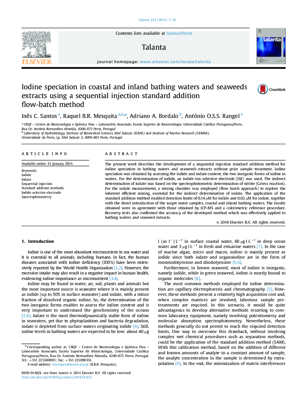 Iodine speciation in coastal and inland bathing waters and seaweeds extracts using a sequential injection standard addition flow-batch method