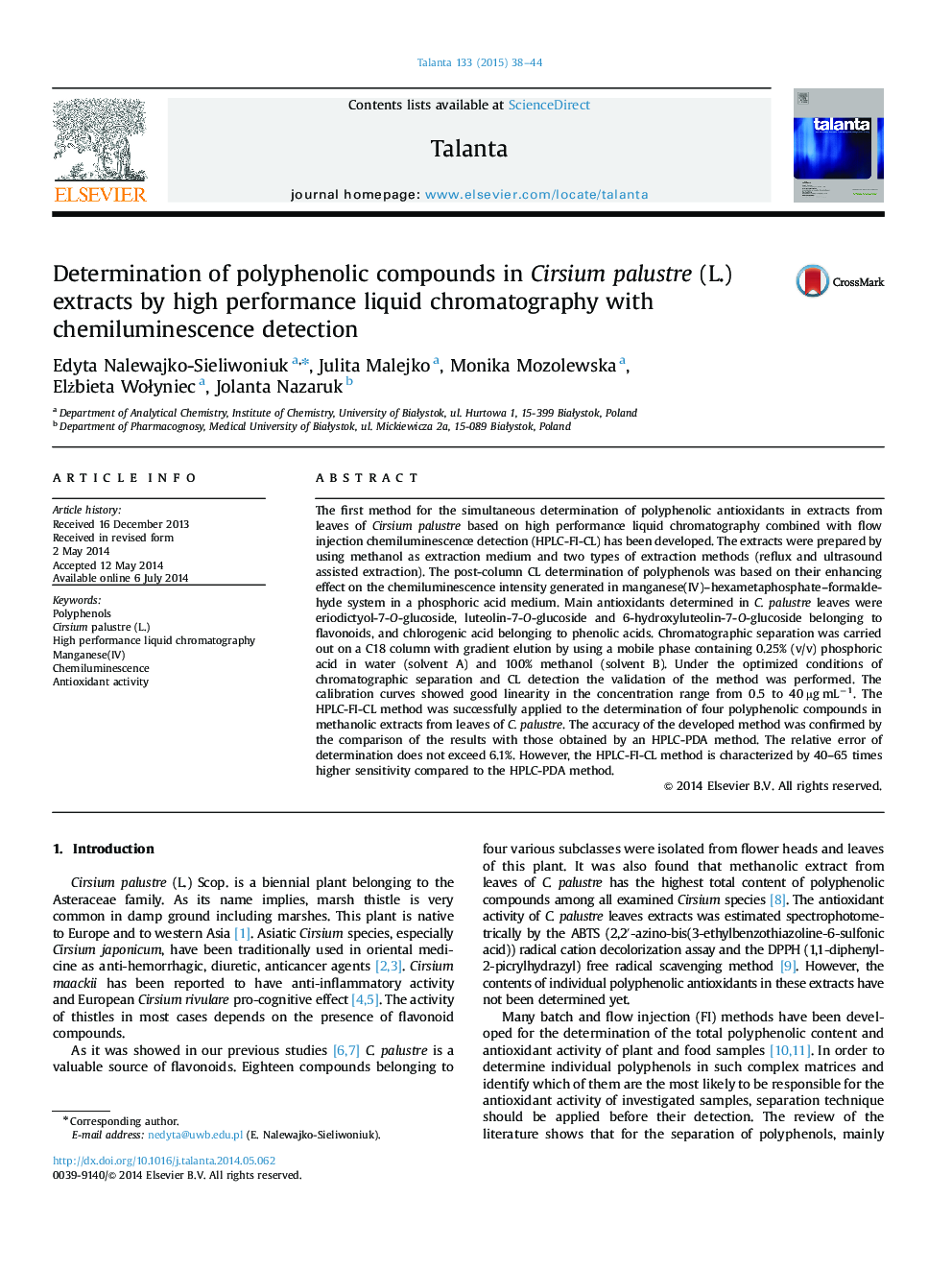 Determination of polyphenolic compounds in Cirsium palustre (L.) extracts by high performance liquid chromatography with chemiluminescence detection