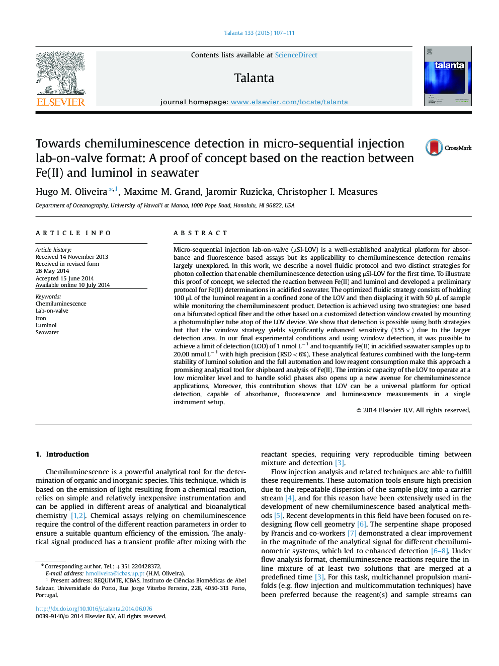 Towards chemiluminescence detection in micro-sequential injection lab-on-valve format: A proof of concept based on the reaction between Fe(II) and luminol in seawater