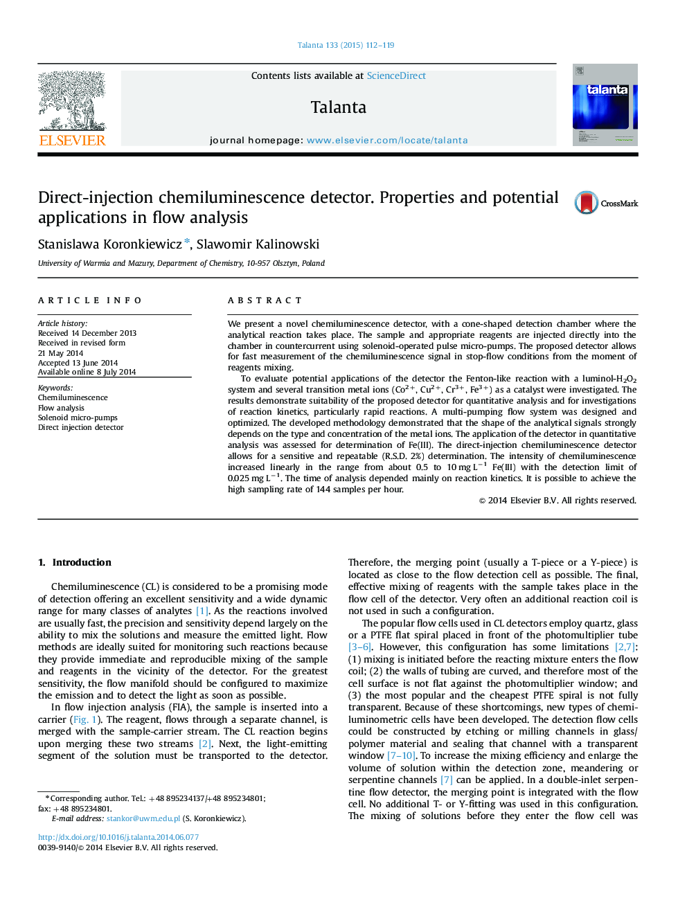 Direct-injection chemiluminescence detector. Properties and potential applications in flow analysis