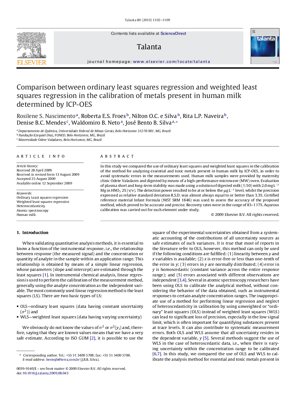 Comparison between ordinary least squares regression and weighted least squares regression in the calibration of metals present in human milk determined by ICP-OES