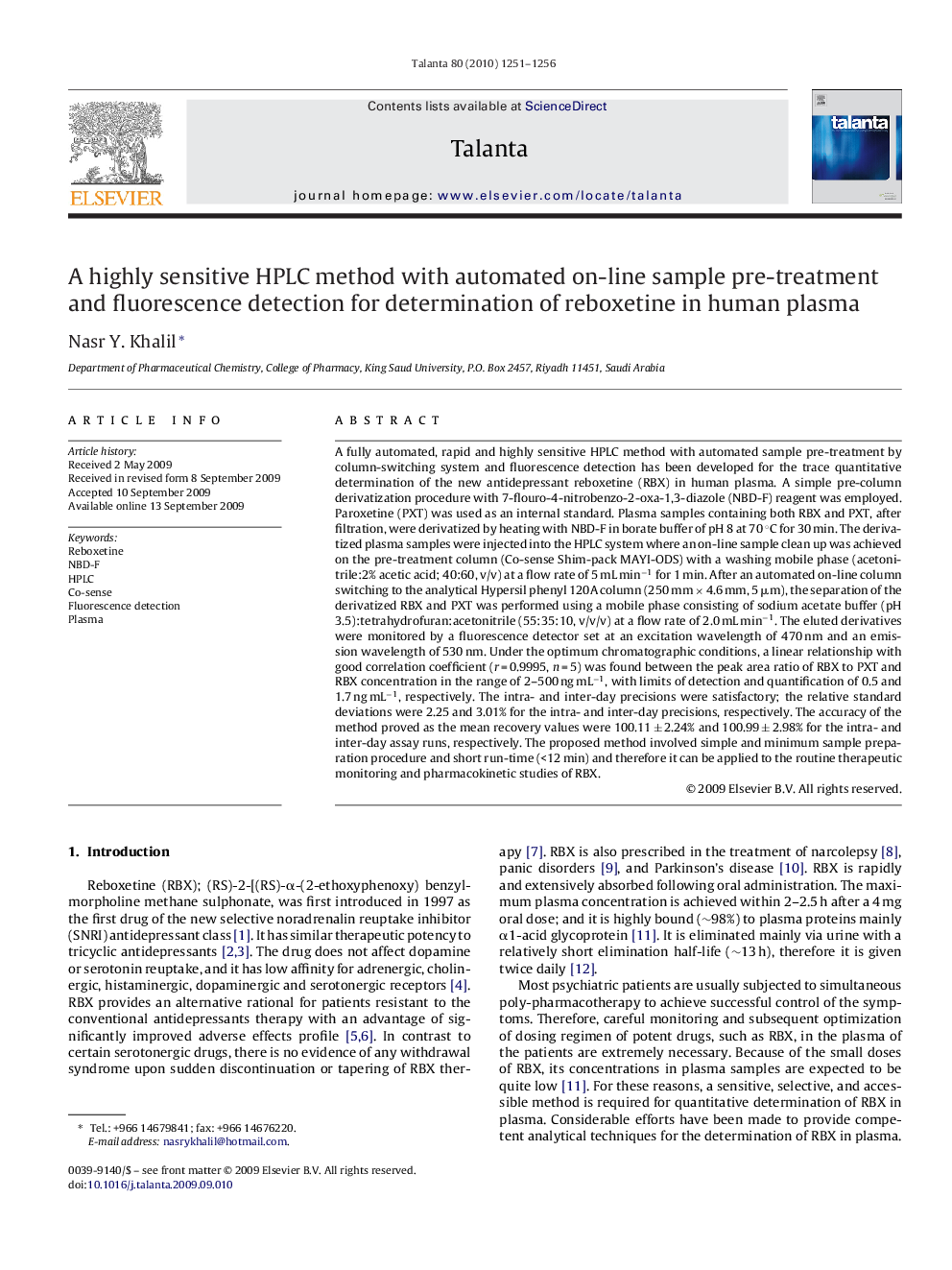 A highly sensitive HPLC method with automated on-line sample pre-treatment and fluorescence detection for determination of reboxetine in human plasma