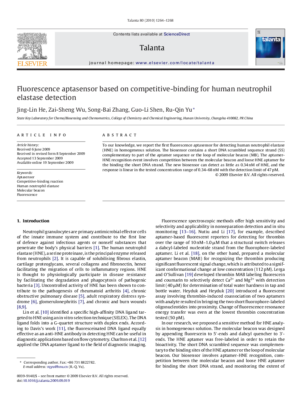 Fluorescence aptasensor based on competitive-binding for human neutrophil elastase detection