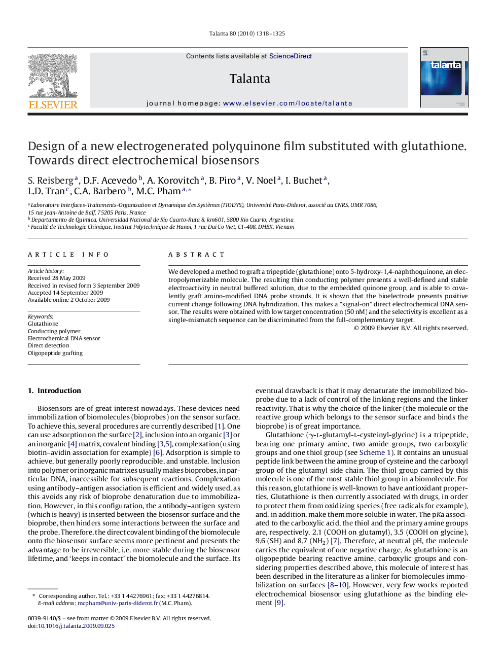 Design of a new electrogenerated polyquinone film substituted with glutathione. Towards direct electrochemical biosensors