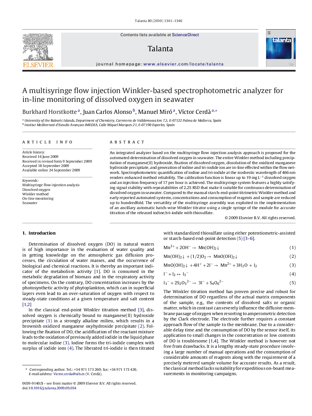 A multisyringe flow injection Winkler-based spectrophotometric analyzer for in-line monitoring of dissolved oxygen in seawater