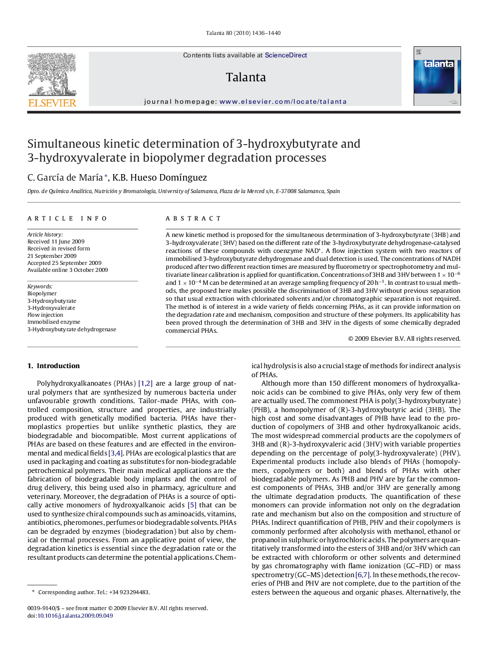 Simultaneous kinetic determination of 3-hydroxybutyrate and 3-hydroxyvalerate in biopolymer degradation processes