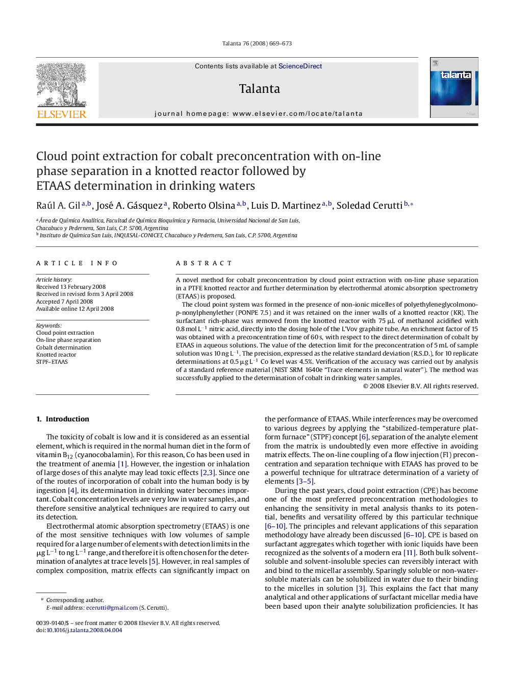 Cloud point extraction for cobalt preconcentration with on-line phase separation in a knotted reactor followed by ETAAS determination in drinking waters