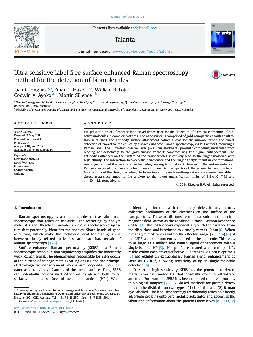 Ultra sensitive label free surface enhanced Raman spectroscopy method for the detection of biomolecules