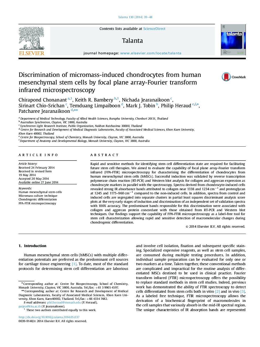 Discrimination of micromass-induced chondrocytes from human mesenchymal stem cells by focal plane array-Fourier transform infrared microspectroscopy