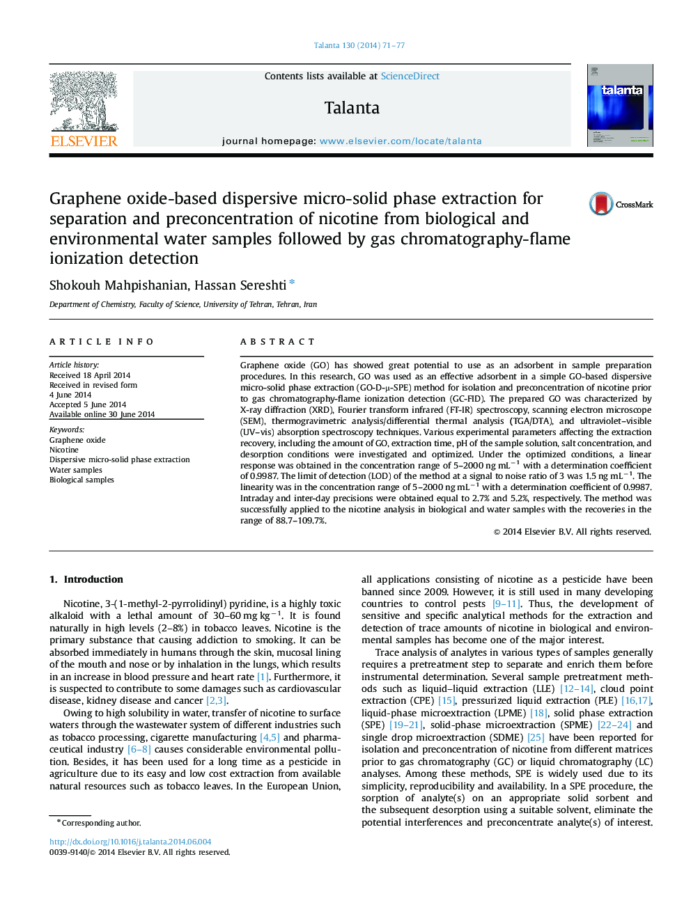Graphene oxide-based dispersive micro-solid phase extraction for separation and preconcentration of nicotine from biological and environmental water samples followed by gas chromatography-flame ionization detection