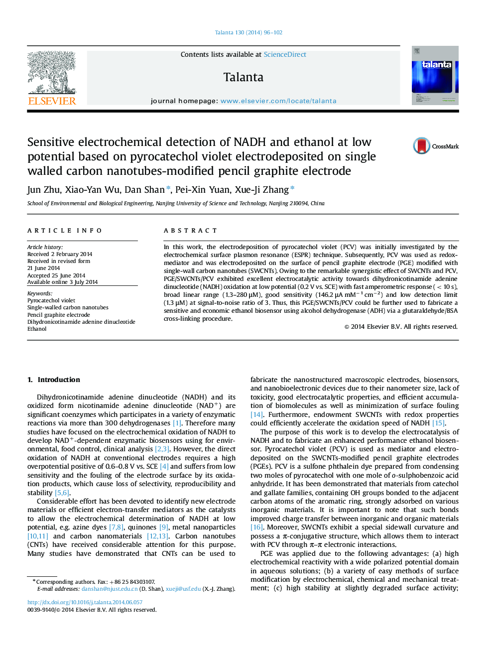 Sensitive electrochemical detection of NADH and ethanol at low potential based on pyrocatechol violet electrodeposited on single walled carbon nanotubes-modified pencil graphite electrode