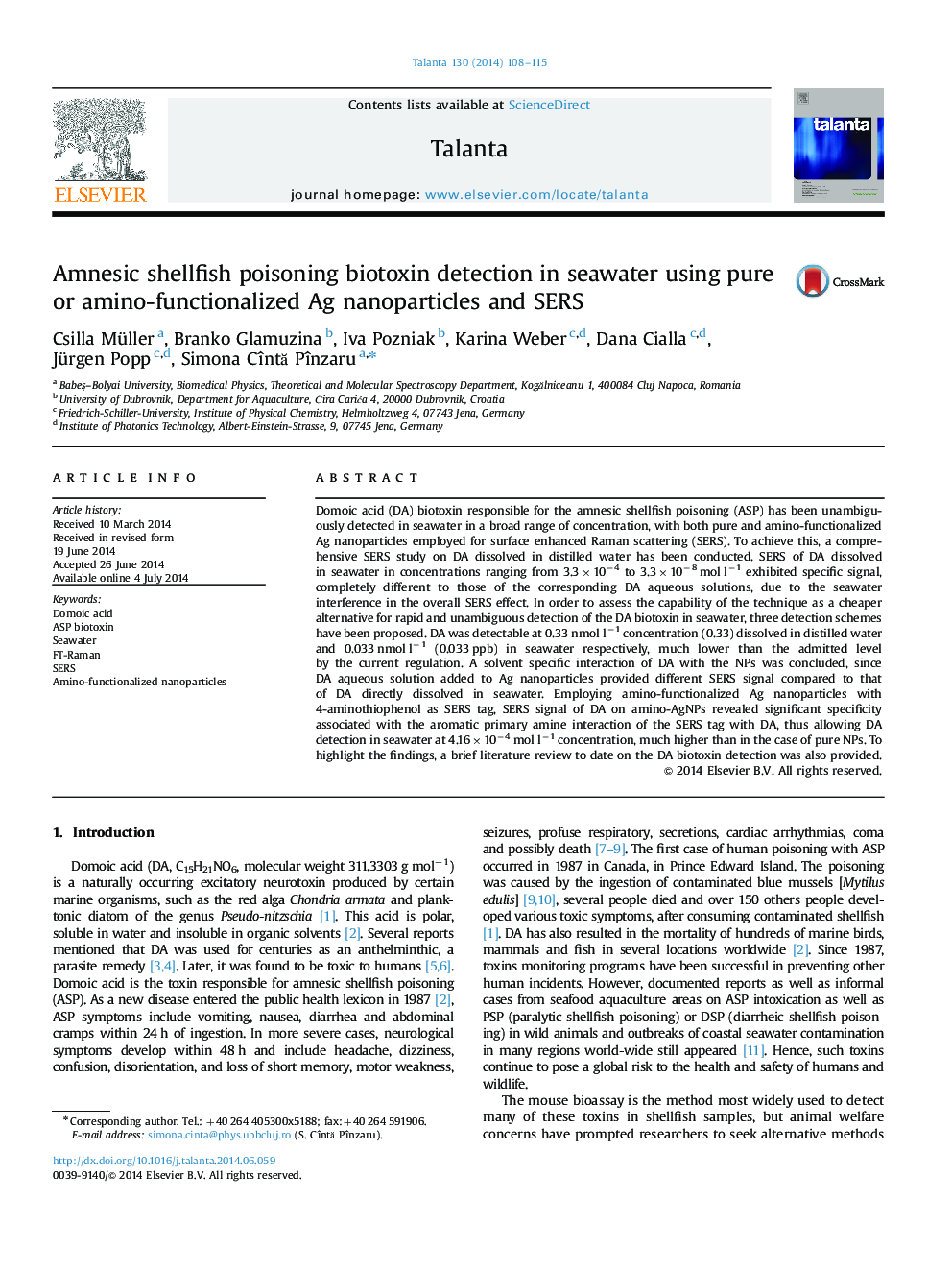 Amnesic shellfish poisoning biotoxin detection in seawater using pure or amino-functionalized Ag nanoparticles and SERS