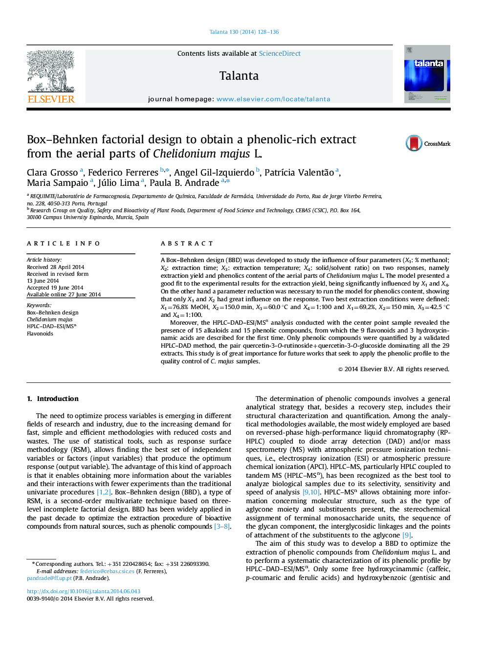 Box–Behnken factorial design to obtain a phenolic-rich extract from the aerial parts of Chelidonium majus L.