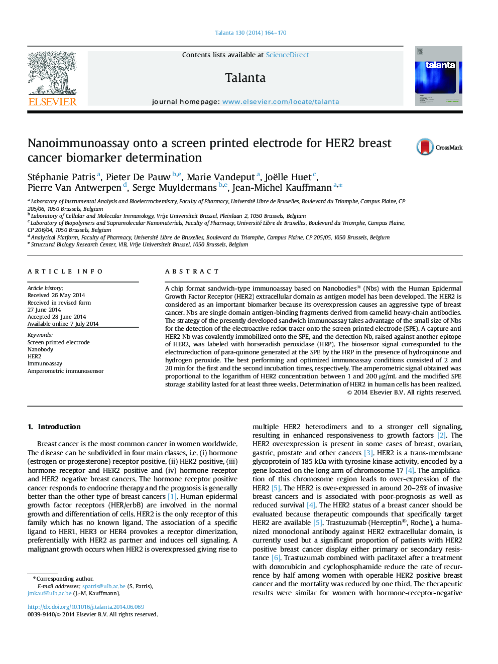 Nanoimmunoassay onto a screen printed electrode for HER2 breast cancer biomarker determination