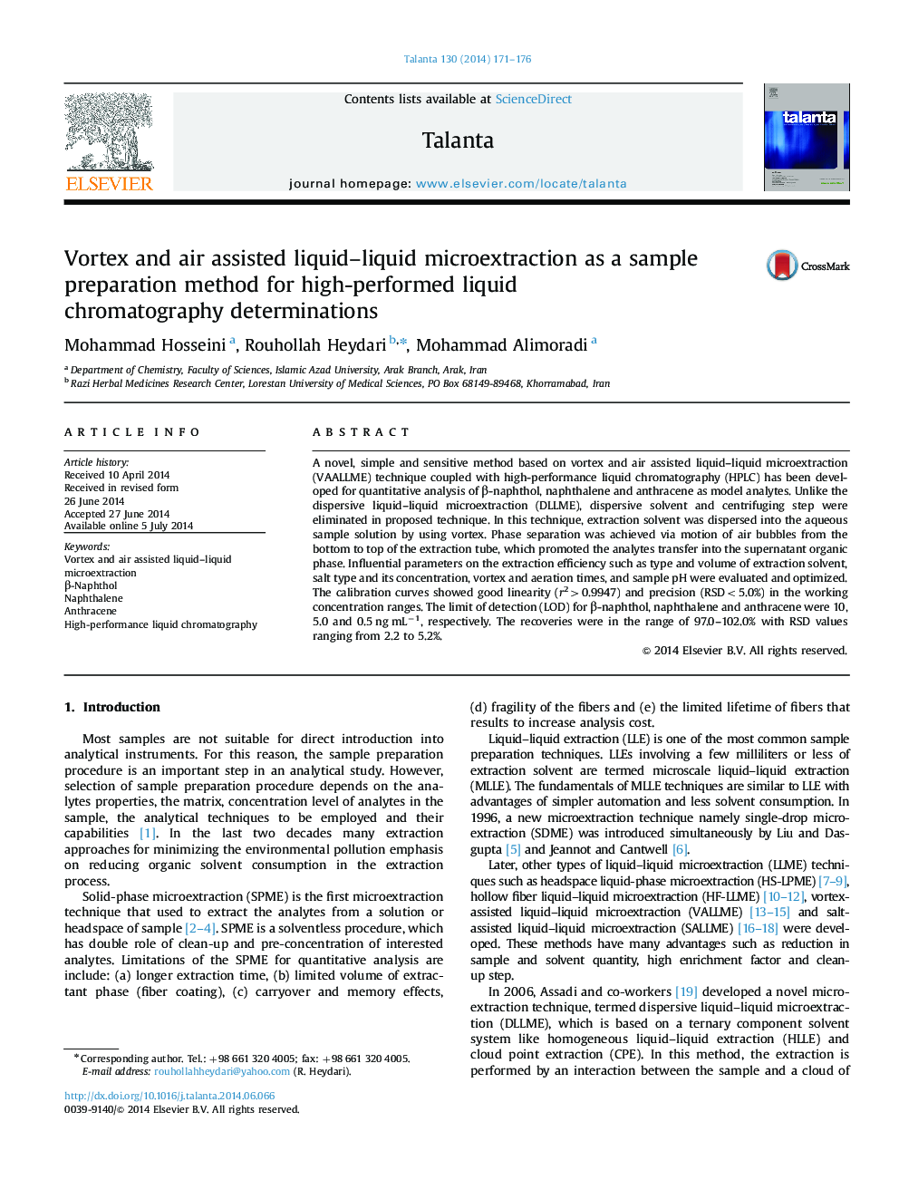 Vortex and air assisted liquid–liquid microextraction as a sample preparation method for high-performed liquid chromatography determinations