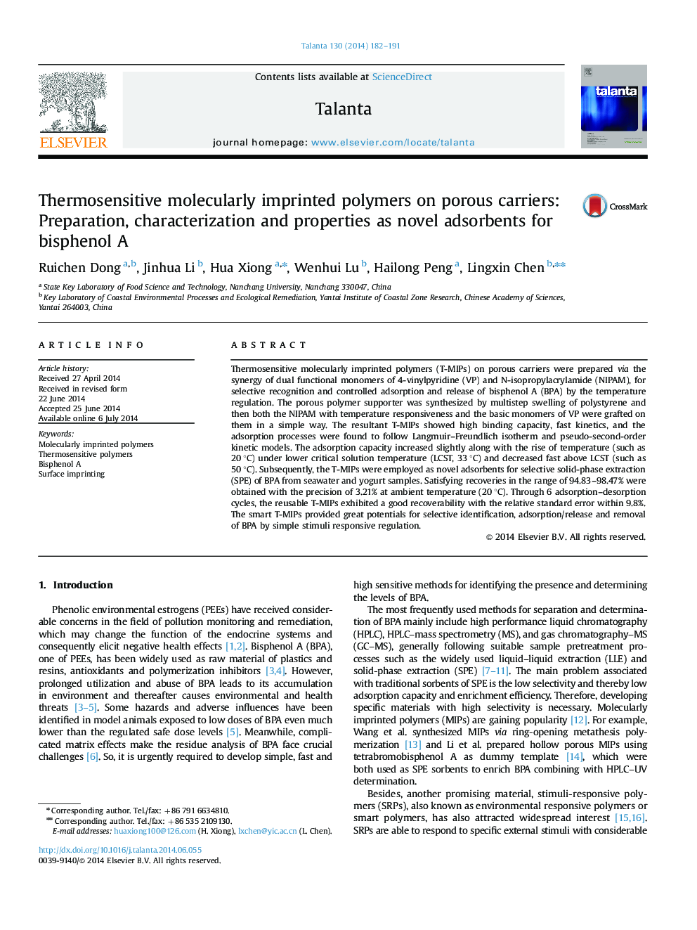 Thermosensitive molecularly imprinted polymers on porous carriers: Preparation, characterization and properties as novel adsorbents for bisphenol A