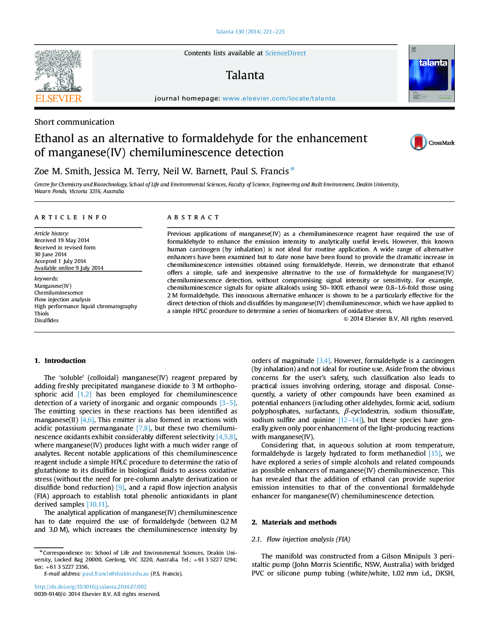 Ethanol as an alternative to formaldehyde for the enhancement of manganese(IV) chemiluminescence detection