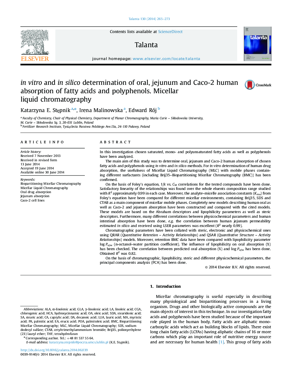 in vitro and in silico determination of oral, jejunum and Caco-2 human absorption of fatty acids and polyphenols. Micellar liquid chromatography