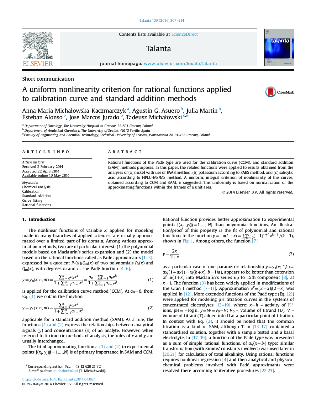 A uniform nonlinearity criterion for rational functions applied to calibration curve and standard addition methods