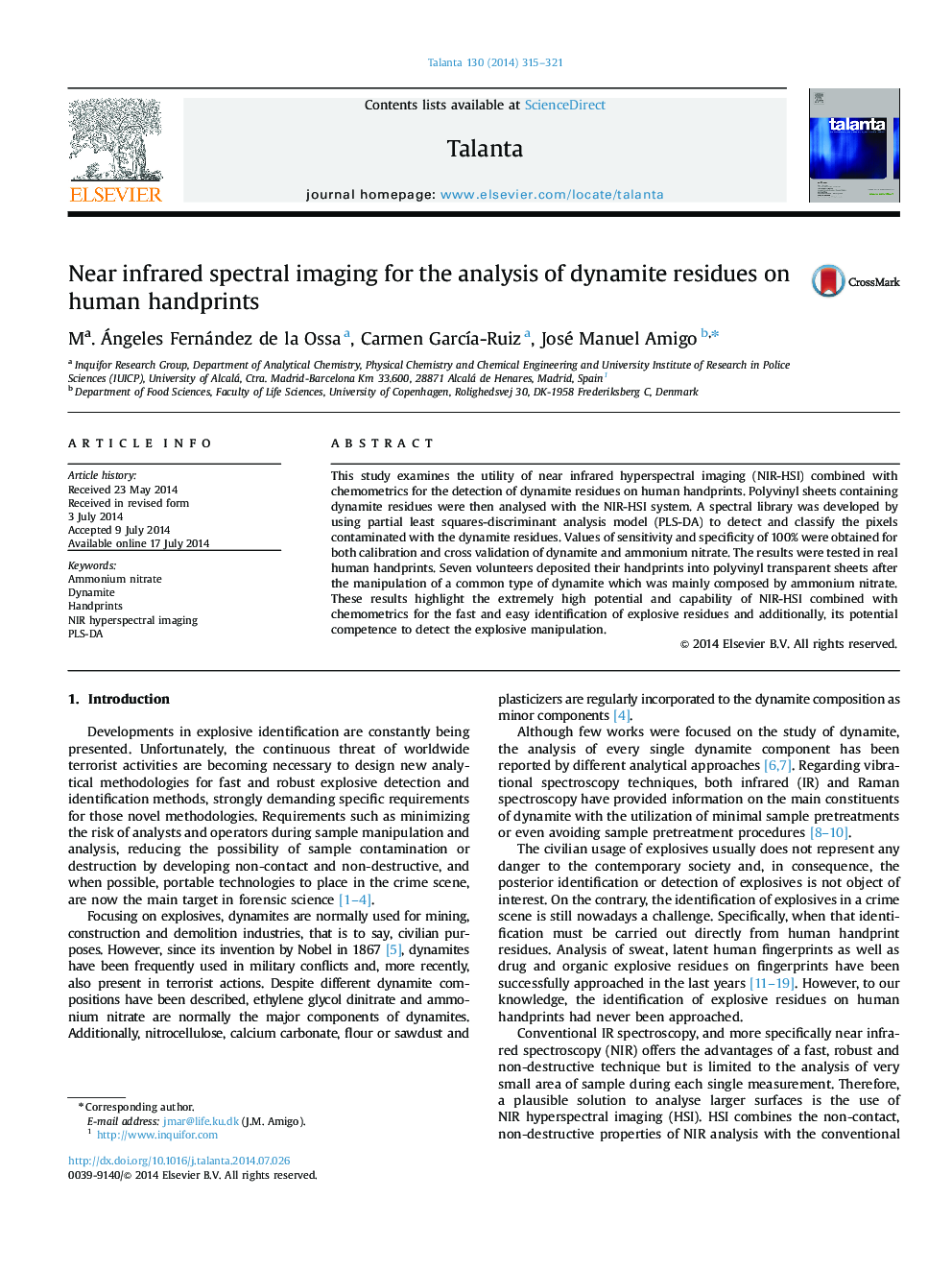 Near infrared spectral imaging for the analysis of dynamite residues on human handprints