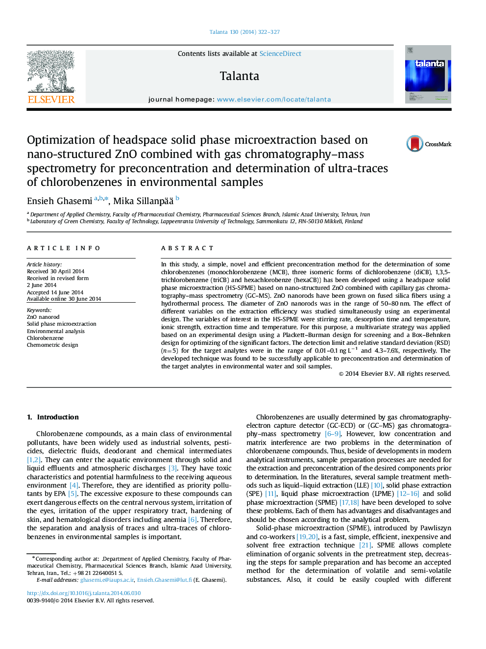 Optimization of headspace solid phase microextraction based on nano-structured ZnO combined with gas chromatography–mass spectrometry for preconcentration and determination of ultra-traces of chlorobenzenes in environmental samples